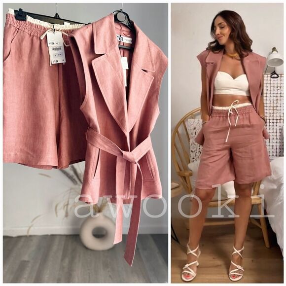 Zara 100% Linen Co-Ord Set Blazer Vest Shorts New - Picture 1 of 11